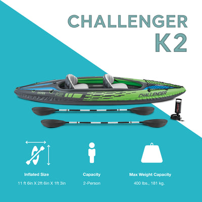 Intex Challenger K2 2-Person Inflatable Sporty Kayak + Oars And Pump (For Parts) - VMInnovations