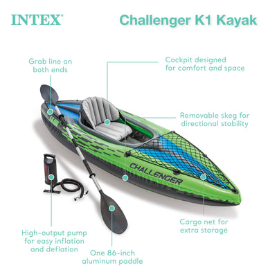 Intex Challenger K1 Inflatable Single Person Kayak Set and Accessory Kit w/ Pump