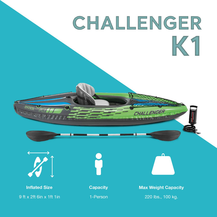 Intex Challenger K1 Inflatable Single Person Kayak Set and Accessory Kit w/ Pump