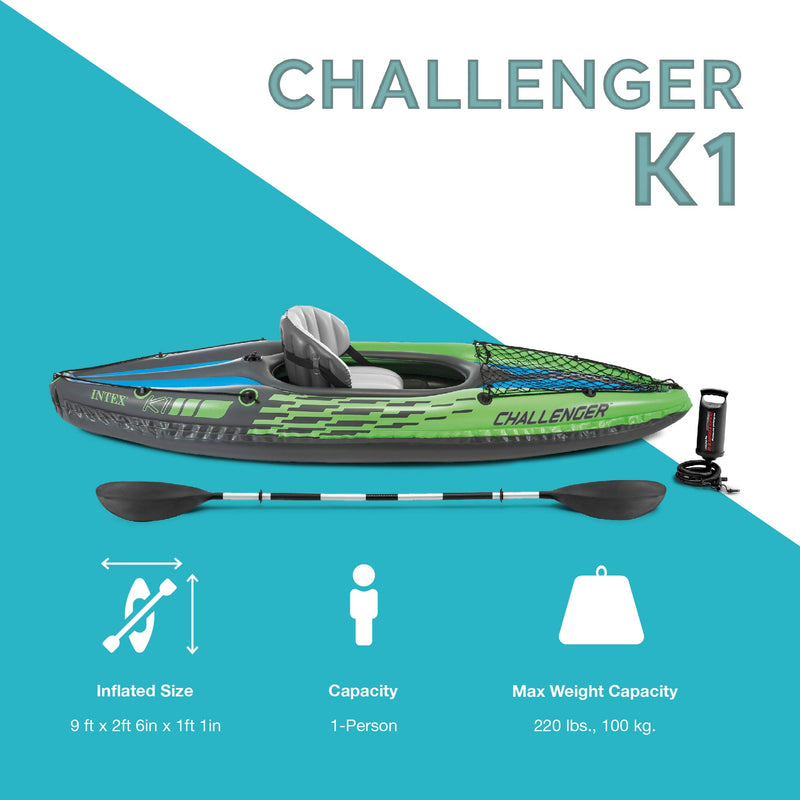 Intex Challenger K1 Inflatable Single Person Kayak Set and Accessory Kit w/ Pump