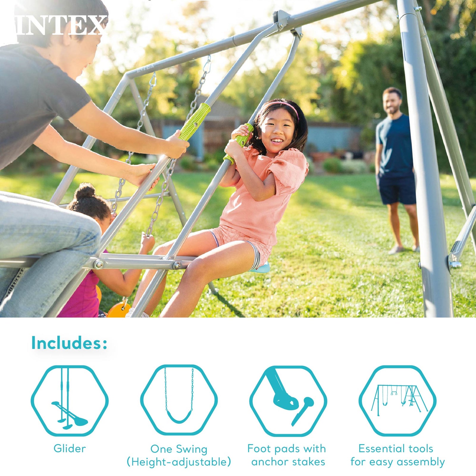 Intex Two Feature Colored Playground Swing Set with Trapeze Bar, Gray (Open Box) - VMInnovations