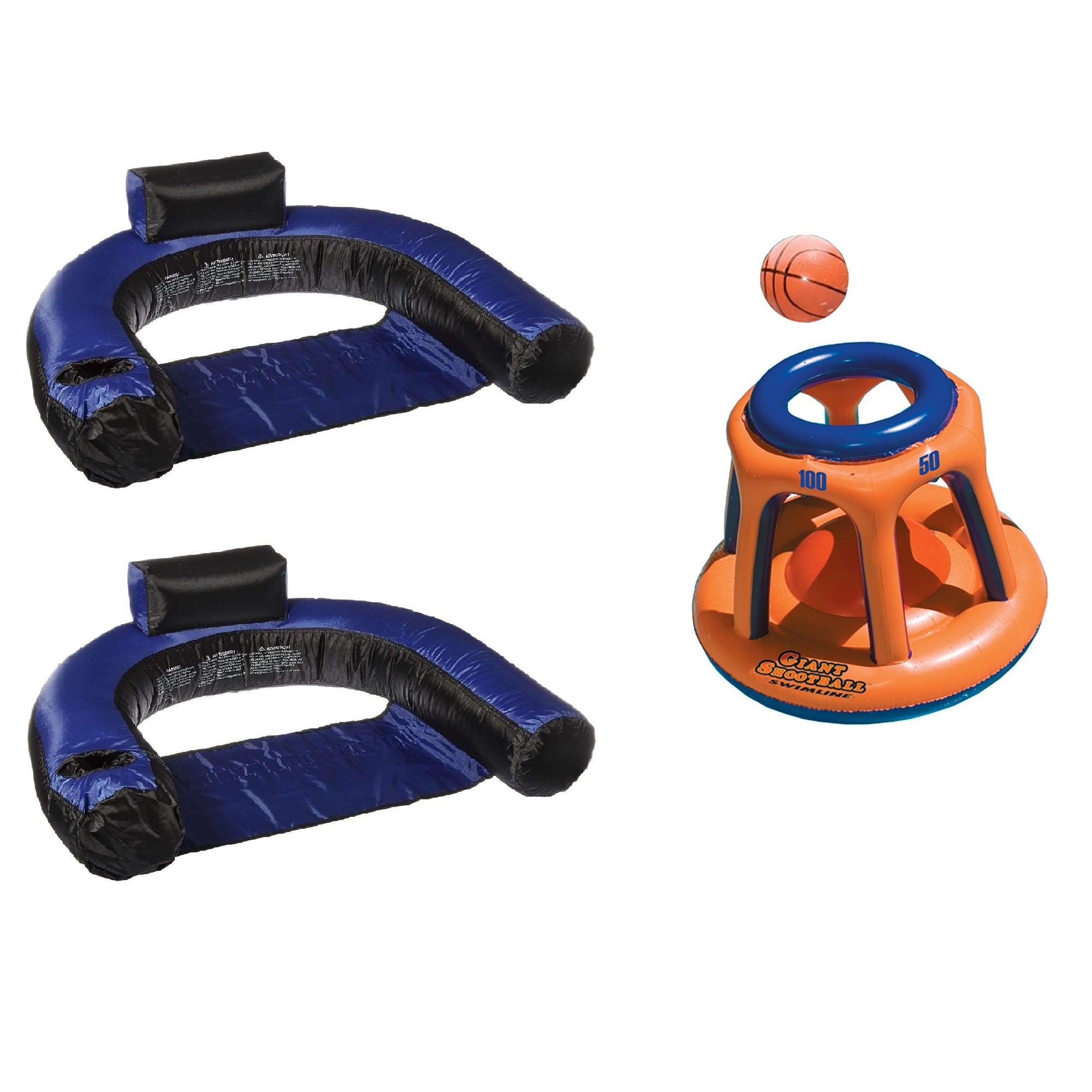Swimline Inflatable U-Seat Lounge Pool Chair (2 Pack) w/ Basketball Hoop Toy Set - VMInnovations