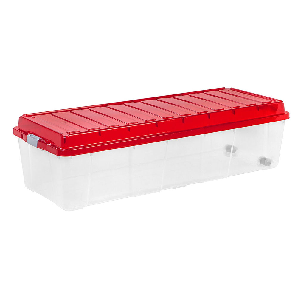IRIS USA 2 Piece 7 Foot Christmas Tree Storage Box with Red Latching Lid, Clear
