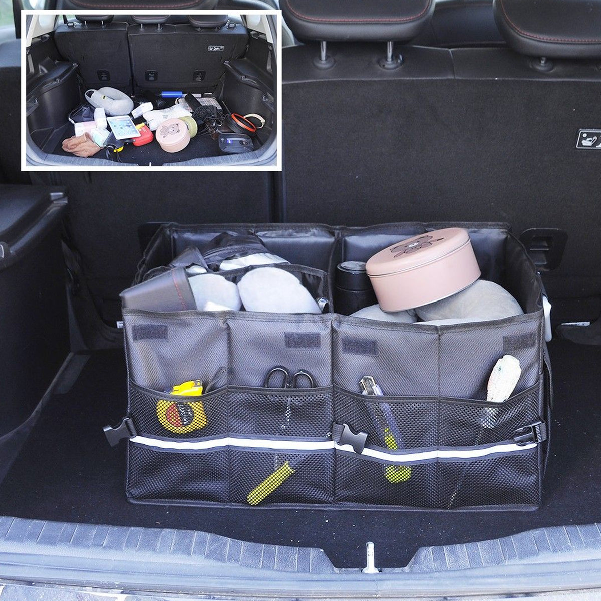 ISFC Car Trunk Organizer with Foldable Compartments and 2 Lids, Black (Open Box)