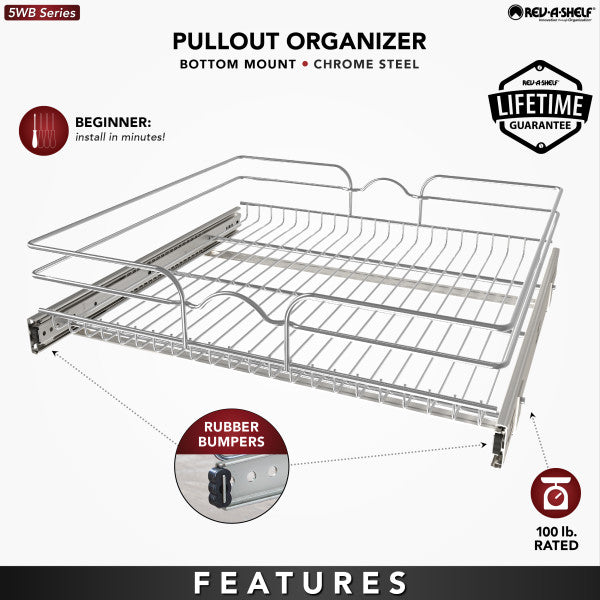 Rev-A-Shelf Pullout Single Basket Organizer for Kitchen Cabinets, 24 x 22 In, 5WB1-2422CR-1