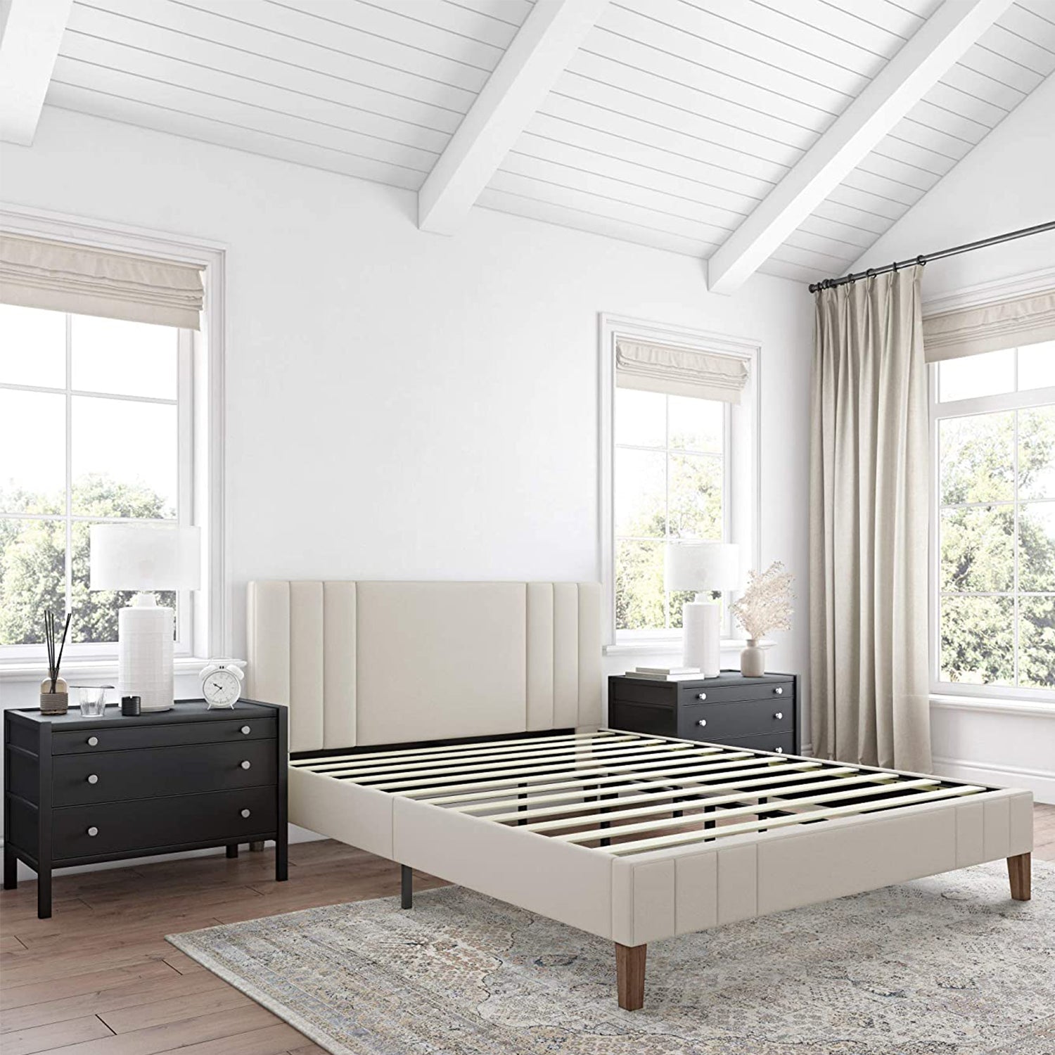 Classic Brands Chicago Tufted Upholstered Wood Platform Bed Frame, Queen, Shell