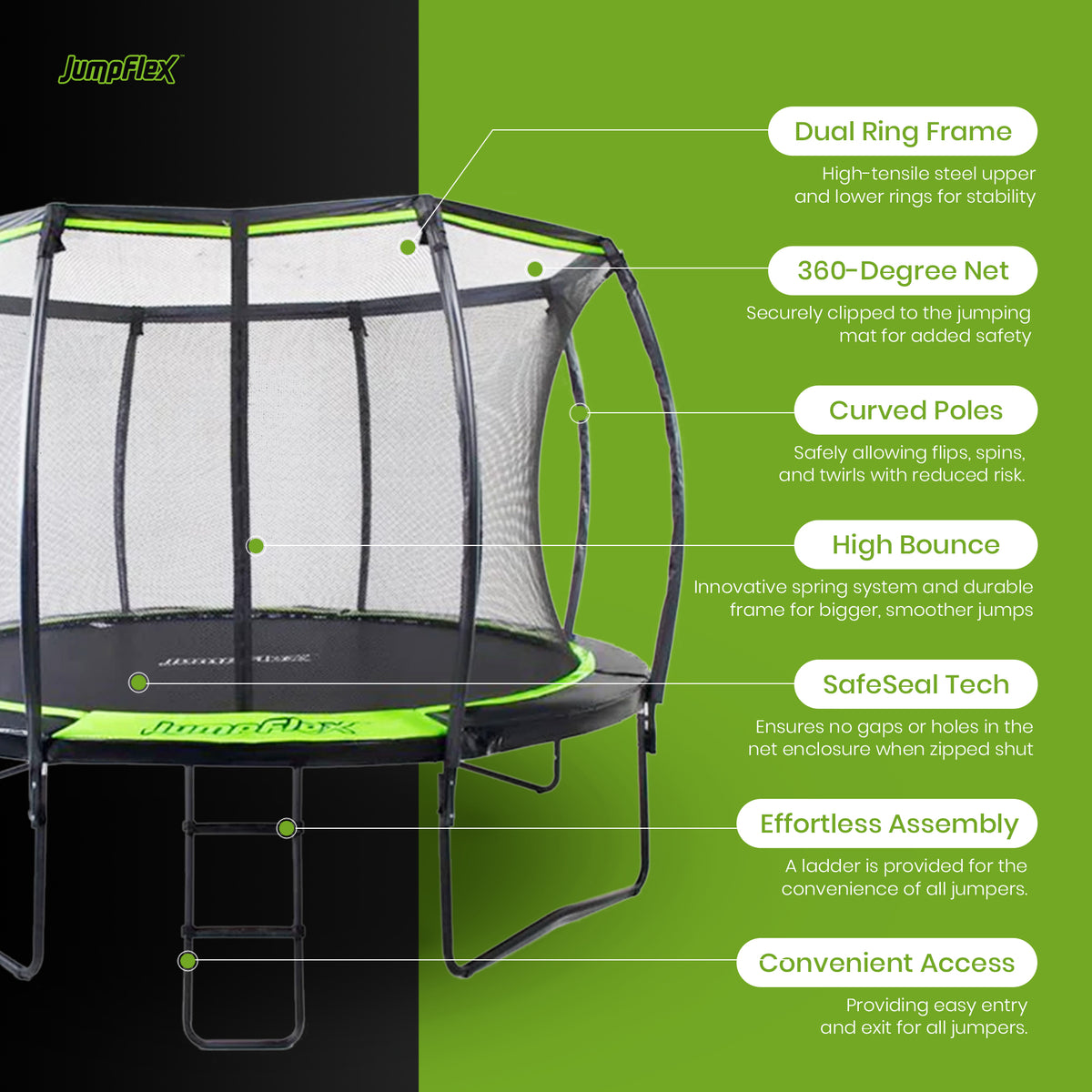 Flex140 14 Foot Trampoline with Enclosure and Ladder, Black and Green (Open Box)