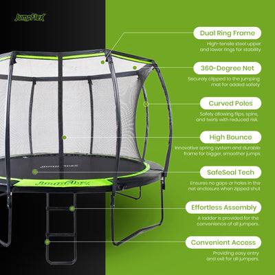 Flex140 14 Foot Trampoline with Enclosure and Ladder, Black and Green (Open Box)