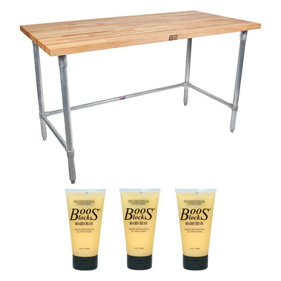 John Boos 48 Inch Maple Wood Work Table w/ Steel Base and Care Cream (3 Pack) - VMInnovations