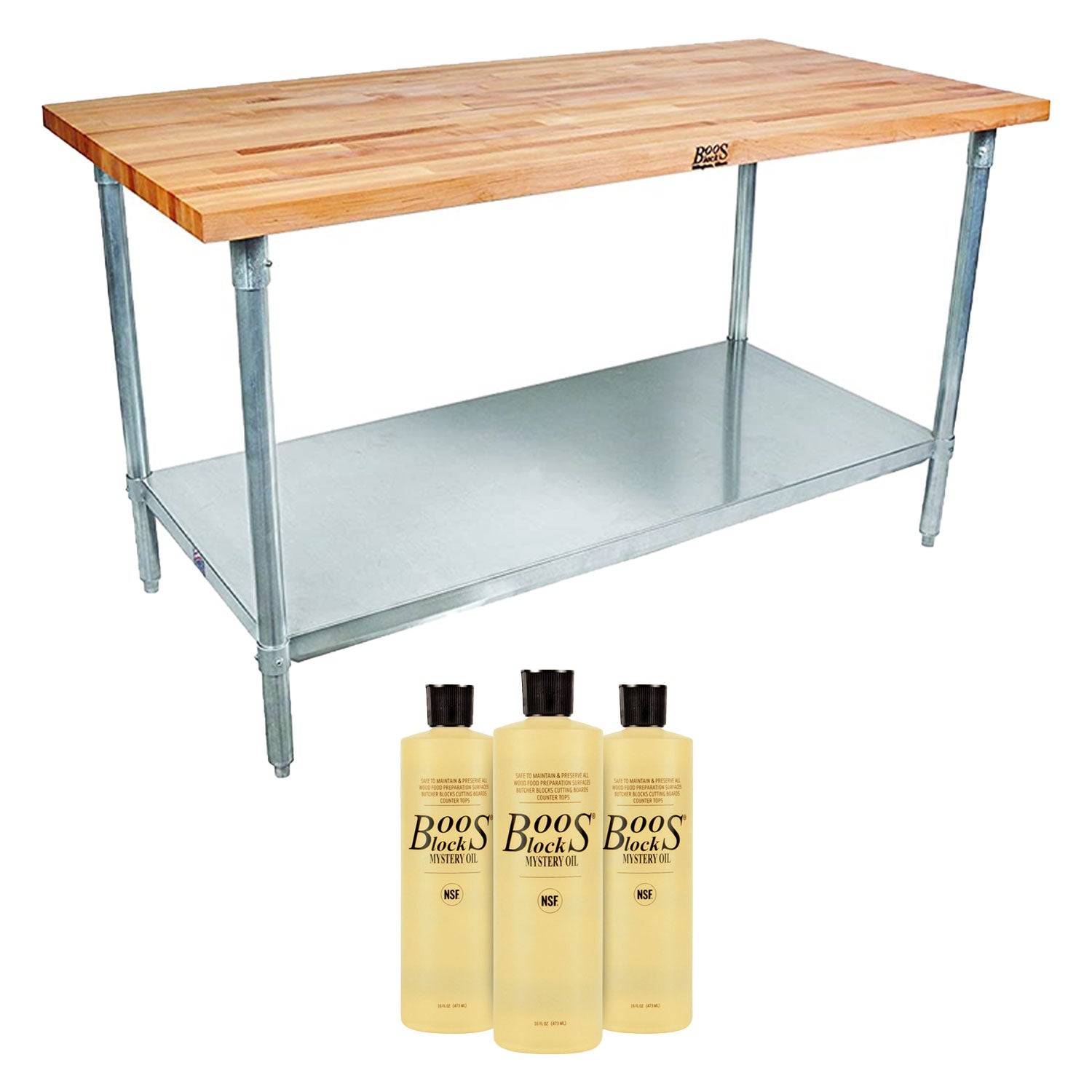 John Boos 48 Inch Maple Wood Work Table w/ Undershelf & Mystery Oil (3 Pack) - VMInnovations