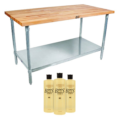 John Boos 60 Inch Maple Wood Work Table w/ Undershelf & Mystery Oil (3 Pack)