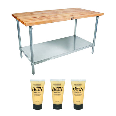 John Boos Maple Wood Top Work Table with Lower Shelf & Block Board Natural Cream