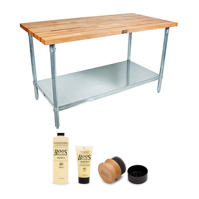 John Boos Maple Wood Top Work Table with Lower Shelf & Board Maintenance Set - VMInnovations