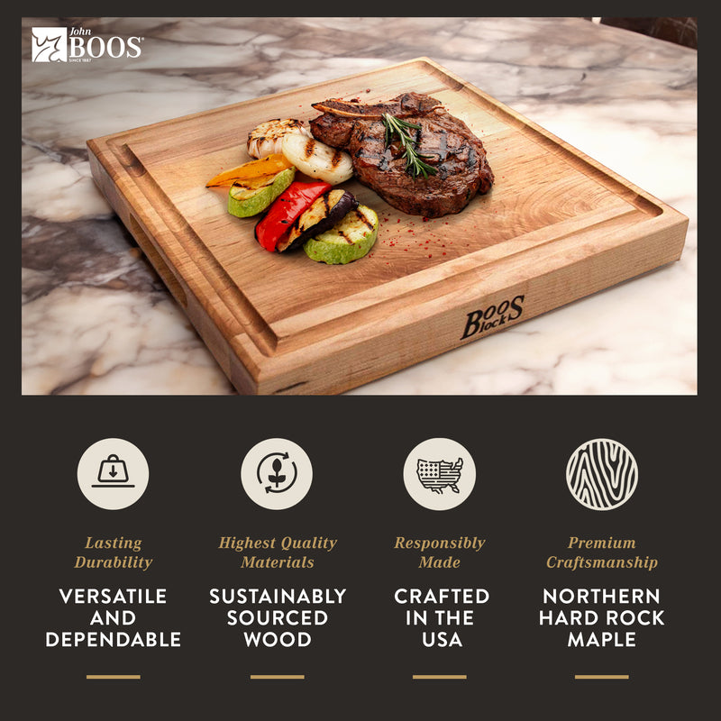 John Boos Square Maple Wood Cutting Board with Juice Groove, 12" x 12" x 1.5"