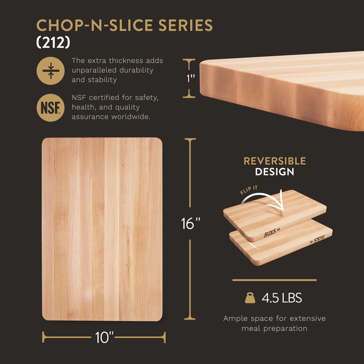 John Boos Chop N Slice Small Maple Wood Edge Grain Cutting Board, 16" x 10" x 1"