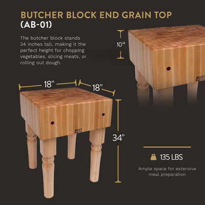 John Boos AB Series Square Wood Butcher Block Prep Table, 18" x 18", Maple