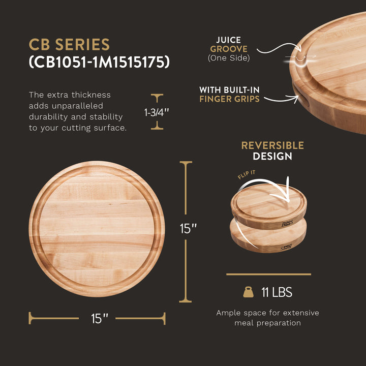 John Boos Round Maple Wood Cutting Board with Juice Groove, 15" x 15" x 1.75"