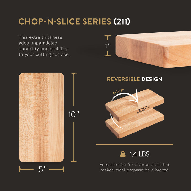 John Boos Chop N Slice Small Maple Wood Edge Grain Cutting Board, 10" x 5" x 1"