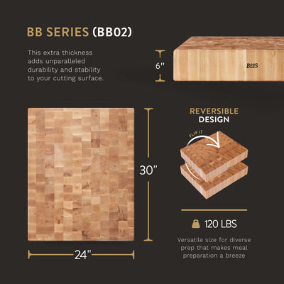 John Boos BB Series Large Reversible Wood Chopping Board, 30" x 24" x 6", Maple
