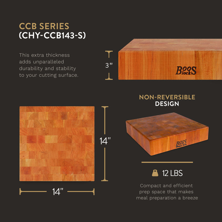 John Boos Small Cherry Wood End Grain Cutting Board for Kitchen, 14" x 14" x 3"