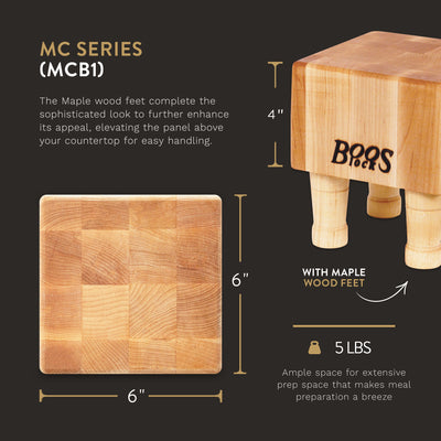 John Boos MC Series Square Wood Cutting Board with Feet, 6" x 6", Maple