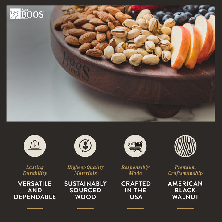 John Boos Walnut Wood Edge Grain Round Cutting Board for Kitchen, 12" x 1.5"