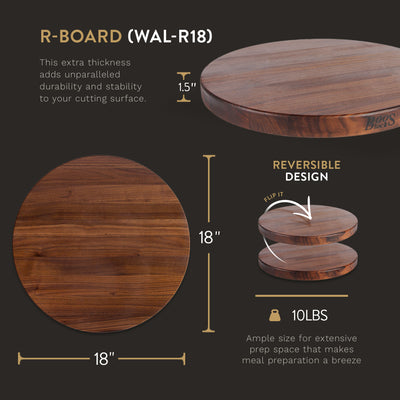 John Boos Walnut Wood End Grain Round Cutting Board for Kitchen,18" x 18" x 1.5"