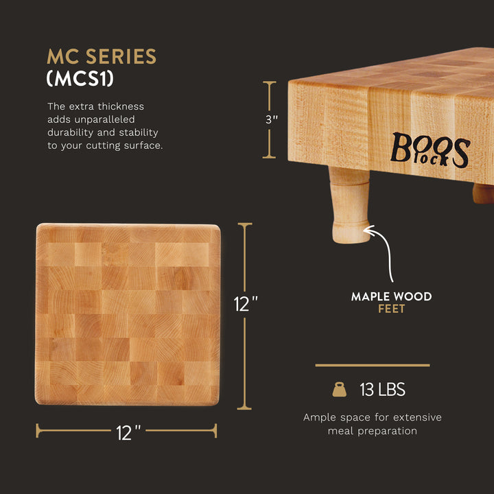 John Boos MC Series Square Wood Cutting Board with Feet, 12" x 12", Maple