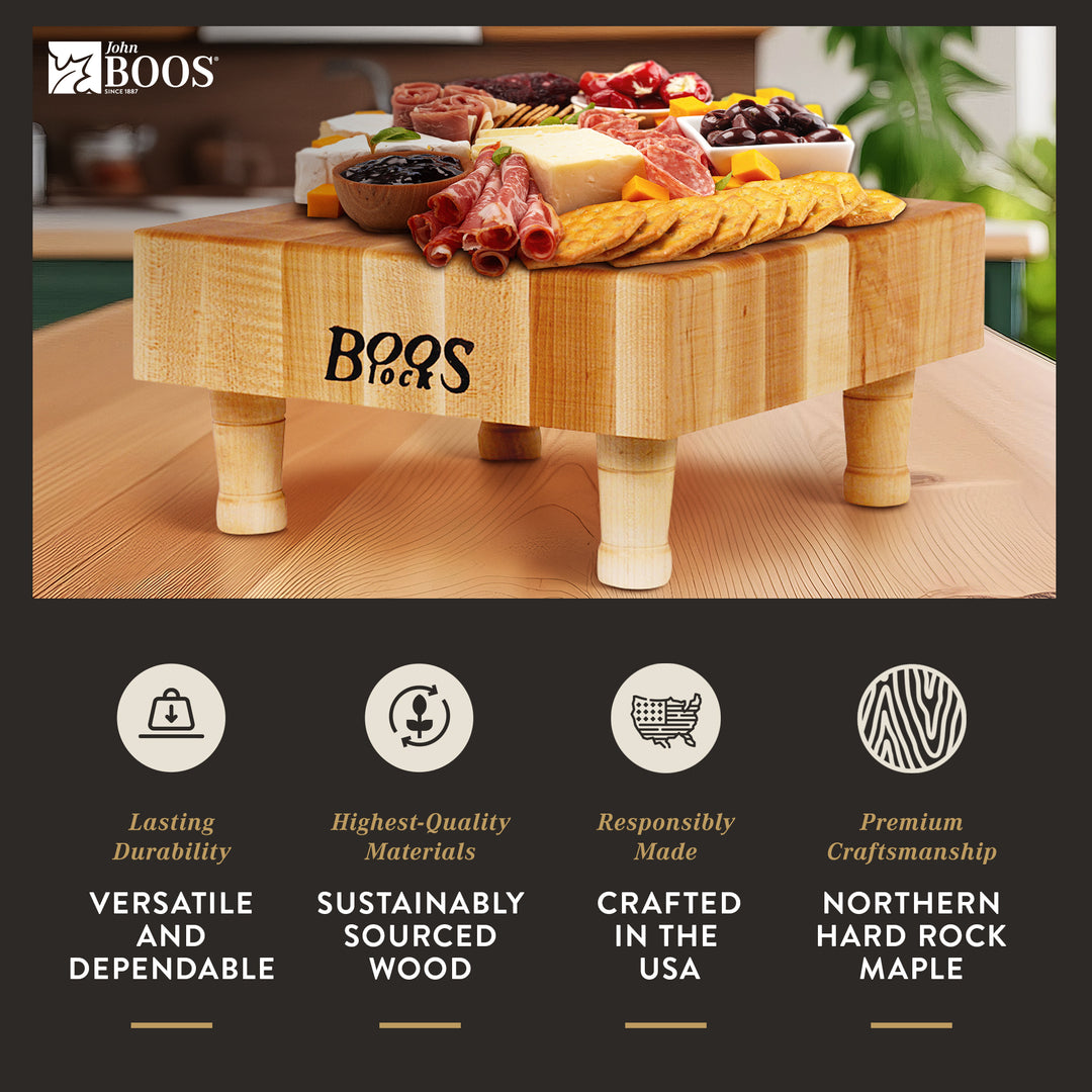 John Boos MC Series Square Wood Cutting Board with Feet, 12" x 12", Maple