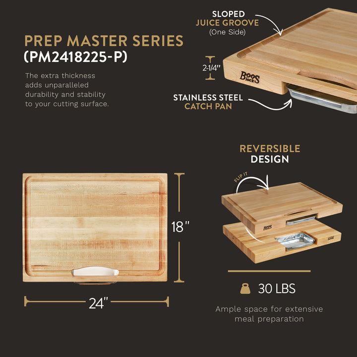 John Boos Reversible Wood Cutting Board with Juice Groove & Tray, Maple