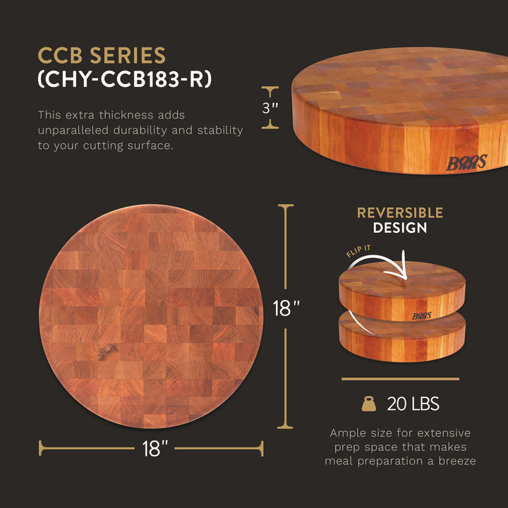 John Boos Cherry Wood End Grain Round Cutting Board for Kitchen, 18" x 18" x 3"