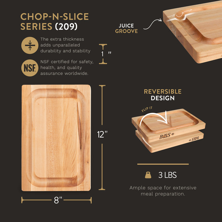 John Boos Chop N Slice Maple Wood Edge Grain Cutting Board, 8" x 12" x 1.25"