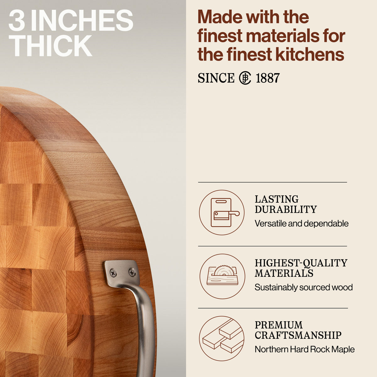 John Boos 18 x 3 Inch Round Maple Wood Cutting Board w/ Stainless Steel Handles