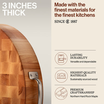 John Boos 18 x 3 Inch Round Maple Wood Cutting Board w/ Stainless Steel Handles