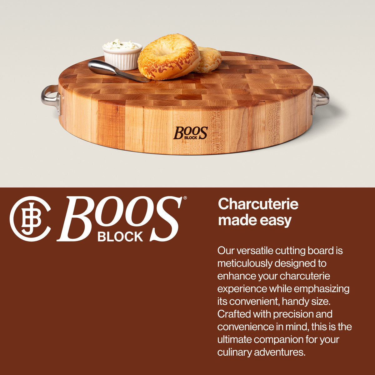 John Boos 18 x 3 Inch Round Maple Wood Cutting Board w/ Stainless Steel Handles