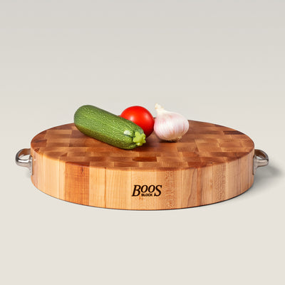 John Boos 18 x 3 Inch Round Maple Wood Cutting Board w/ Stainless Steel Handles