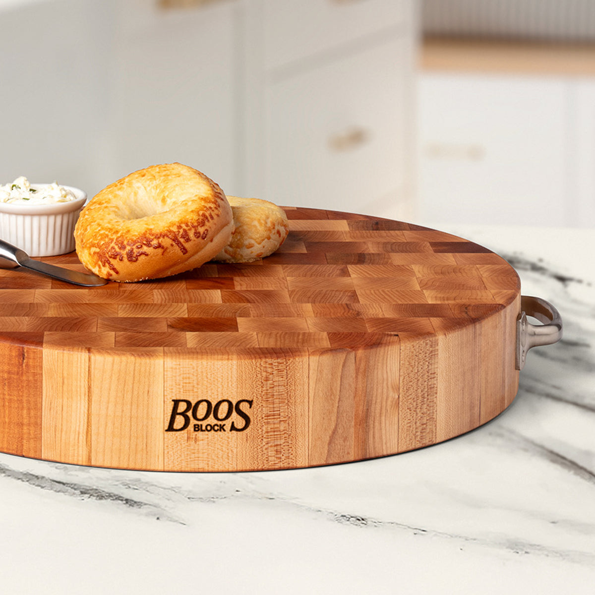 John Boos 18 x 3 Inch Round Maple Wood Cutting Board w/ Stainless Steel Handles