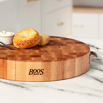 John Boos 18 x 3 Inch Round Maple Wood Cutting Board w/ Stainless Steel Handles