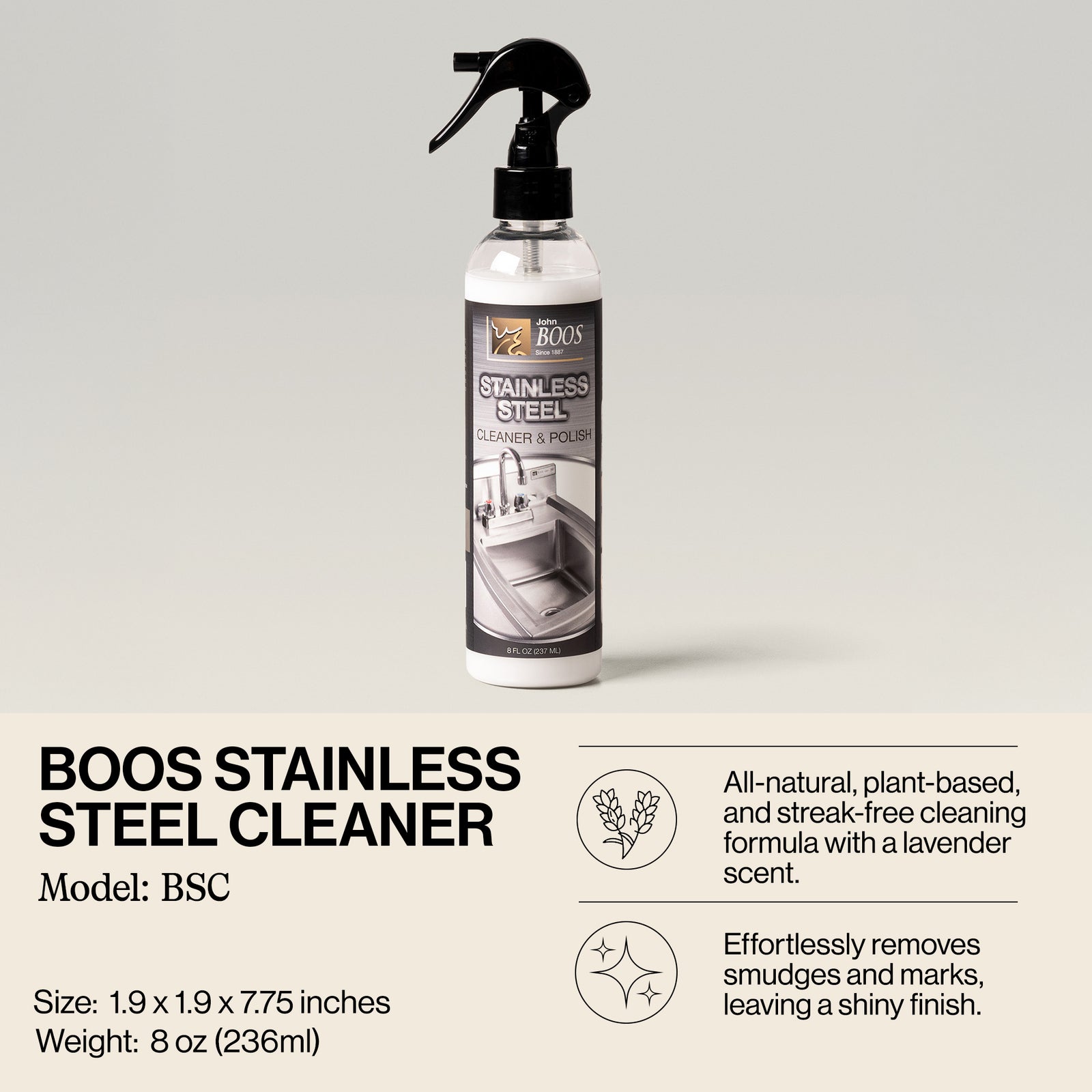 John Boos All Natural 8 Ounce Bottle Stainless Steel Surface Cleaner and Polish - VMInnovations