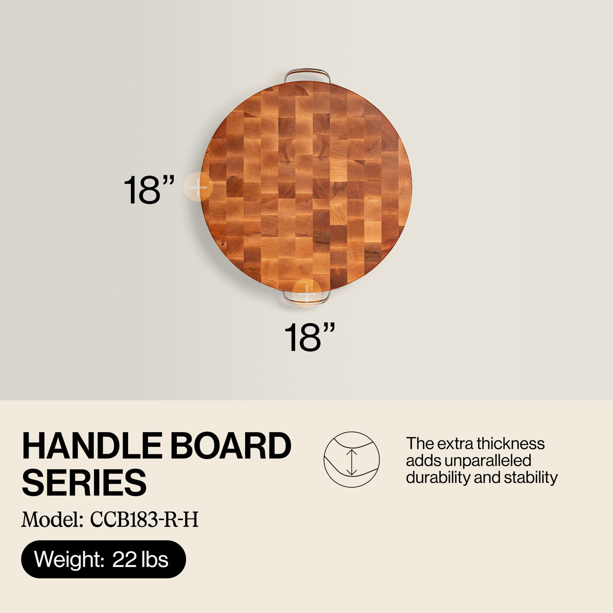 John Boos 18 x 3 Inch Round Maple Wood Cutting Board w/ Stainless Steel Handles