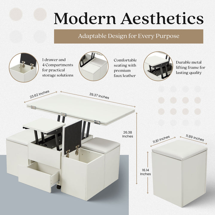 JOMEED Cushioned Seat Converts to Height Adjustable Table with Drawers, White