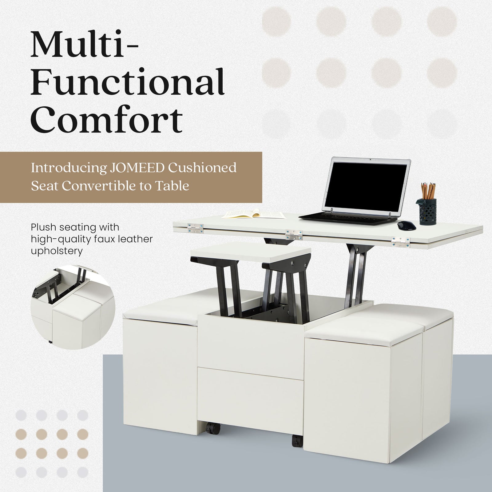 JOMEED Cushioned Seat Converts to Height Adjustable Table with Drawers, White - VMInnovations