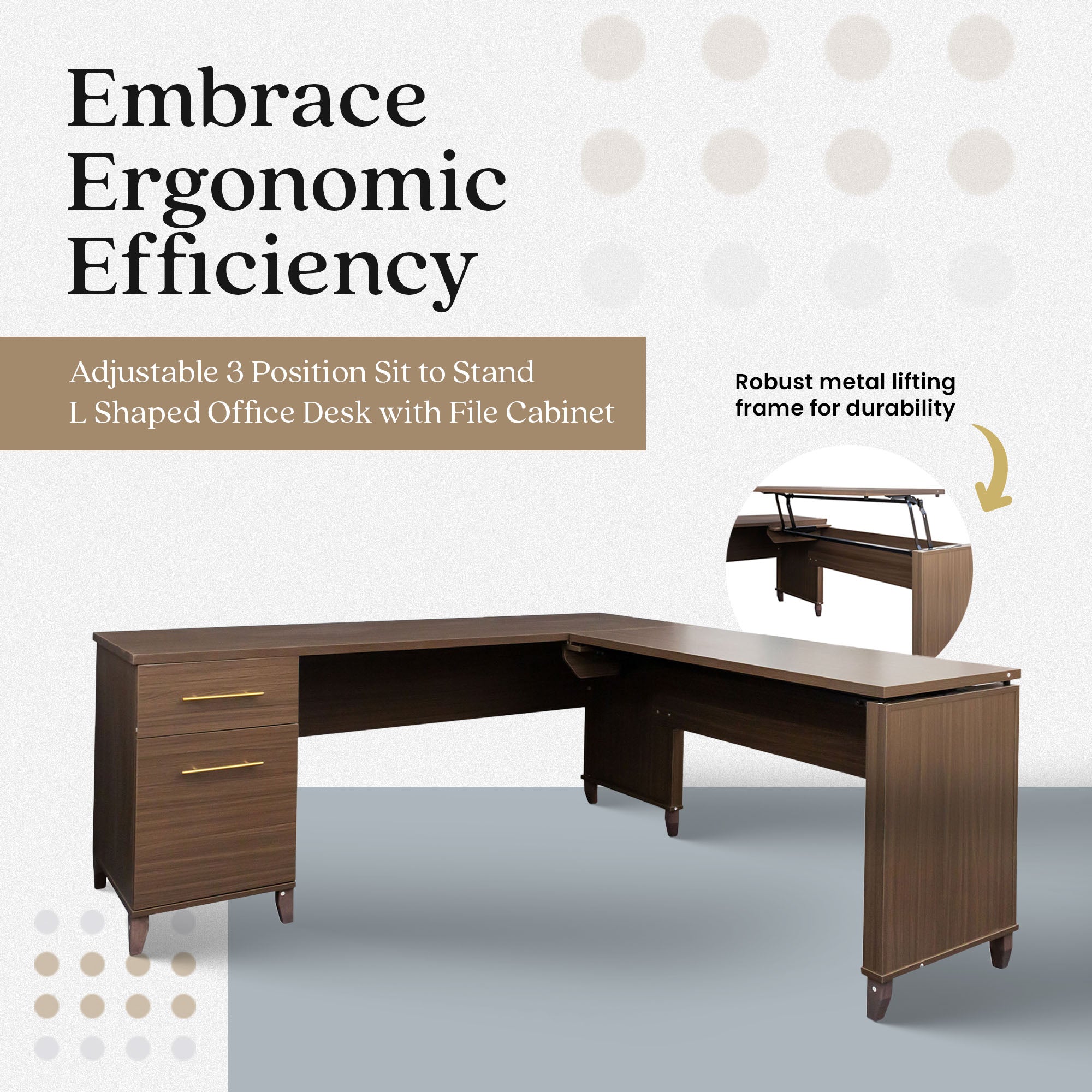 JOMEED Adjustable 3 Position Sit to Stand L Shaped Office Desk with File Cabinet