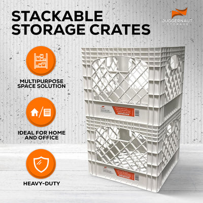 Juggernaut 18 Qt Storage Milk Crates Plastic Stackable Containers, White, 2 Pack - VMInnovations