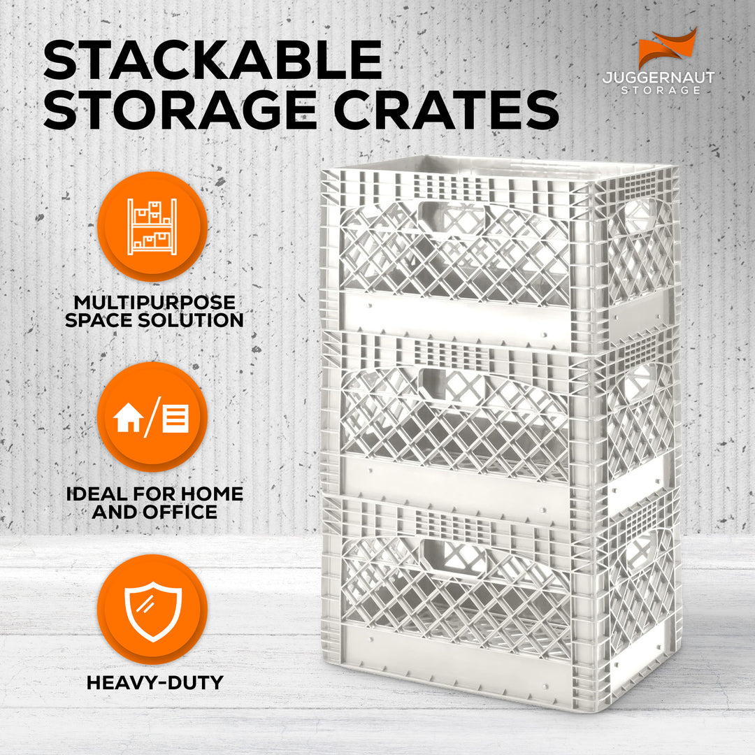 Juggernaut 24 Qt Storage Milk Crates Plastic Stackable Containers, White, 3 Pack - VMInnovations