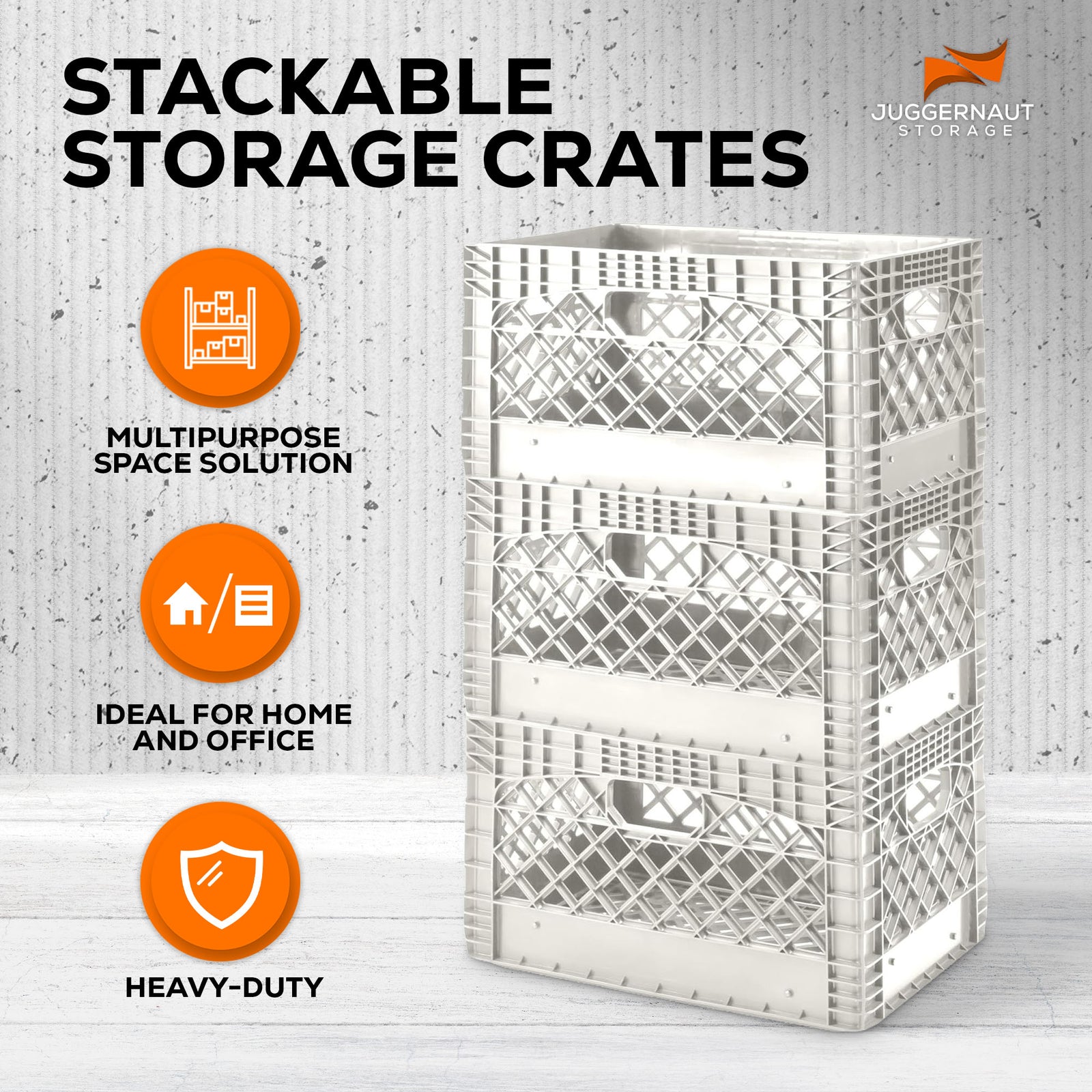 Juggernaut 24 Qt Storage Milk Crates Plastic Stackable Containers, White, 3 Pack - VMInnovations