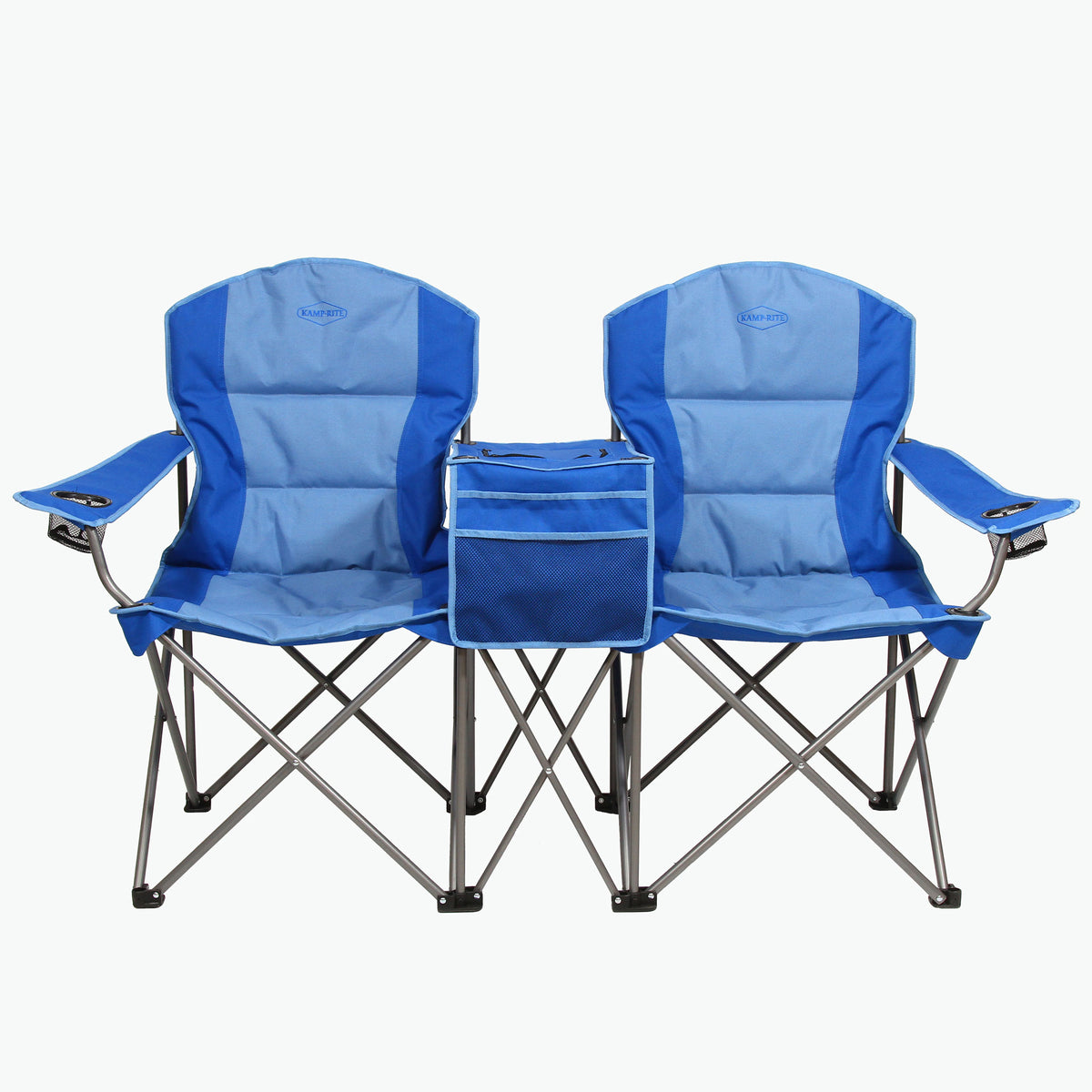 Kamp-Rite Double Folding Camp Chair w/Center Cooler & Cupholders, Blue (2 Pack)