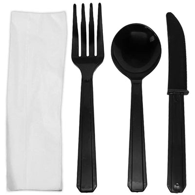 Karat Plastic Cutlery Kit with Knife, Spoon, Fork, and Napkin, Black (750 Pack)