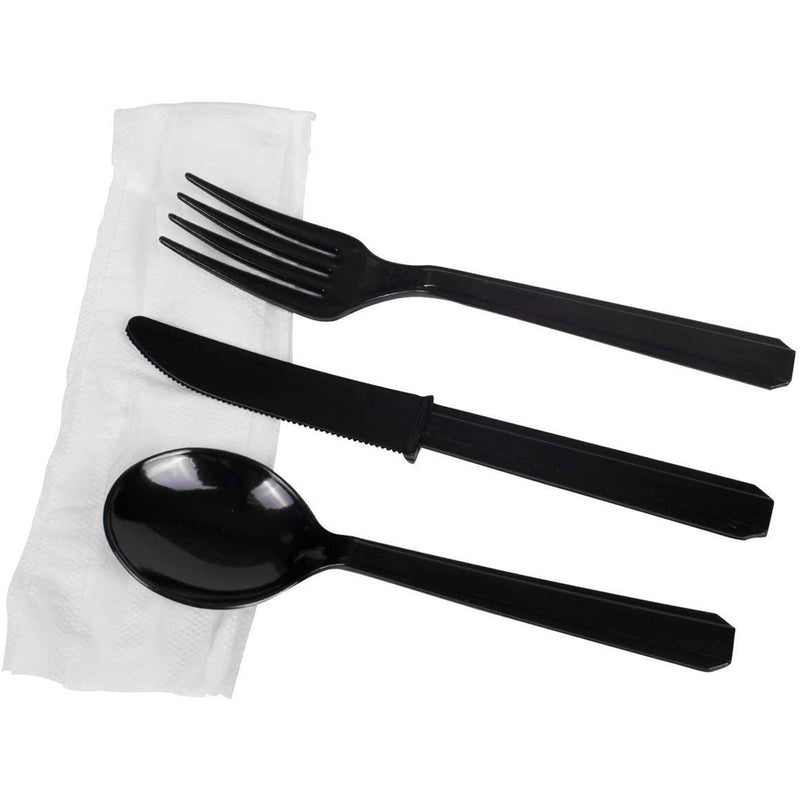 Karat Plastic Cutlery Kit with Knife, Spoon, Fork, and Napkin, Black (250 Pack)
