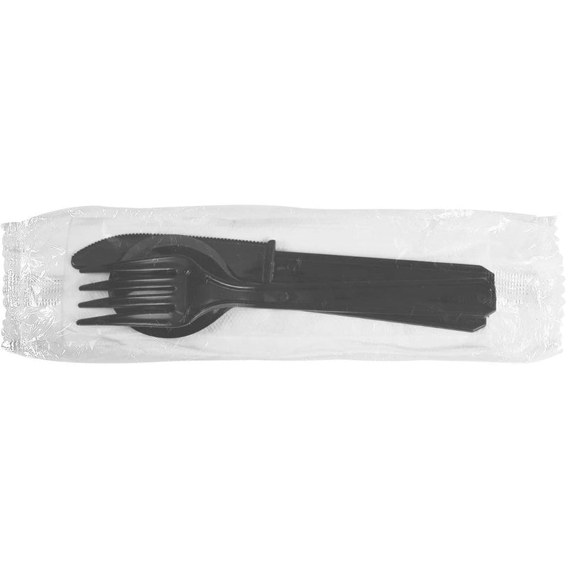 Karat Plastic Cutlery Kit with Knife, Spoon, Fork, and Napkin, Black (500 Pack)